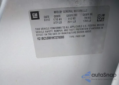 2017 Chevrolet Cruze Ls Auto из США, поврежденный, VIN 1G1BC5SM1H7278088